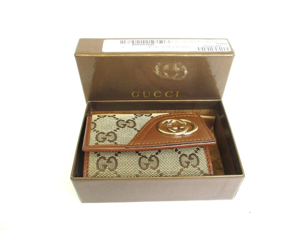 Authentic GUCCI GG Beige Canvas Brown Leather 6 Pics Key Chain #b078  Open box