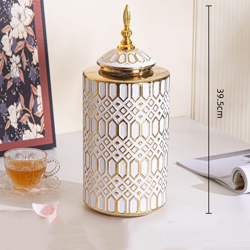 Geometric Golden Striped Ceramic Vase General's Jar with Lid Sealed Storage Tank Ginger Jar Flower Vase Home Decoration
