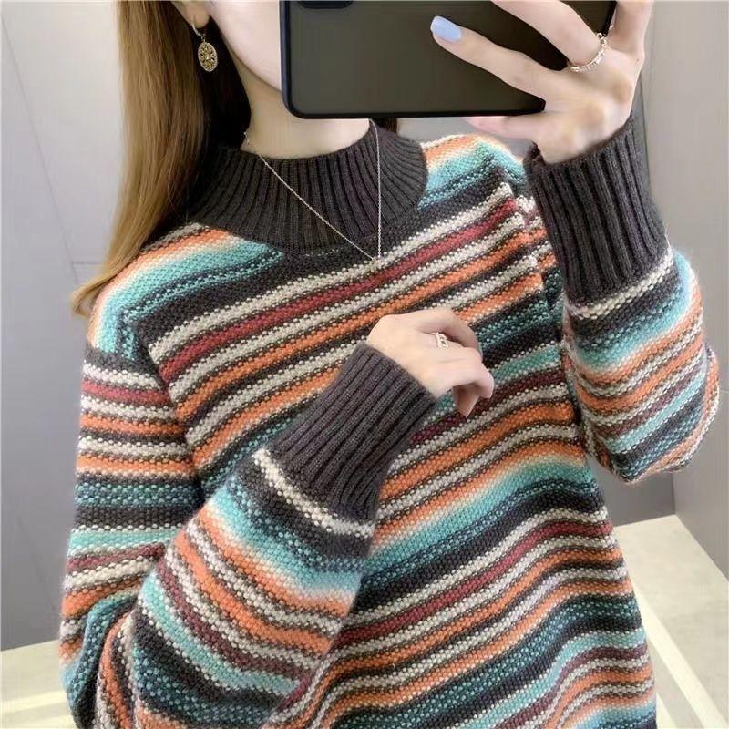 Half Turtleneck Sweater Women's Autumn and Winter Retro Pullover Versatile Long-sleeved Loose Striped Knitwear