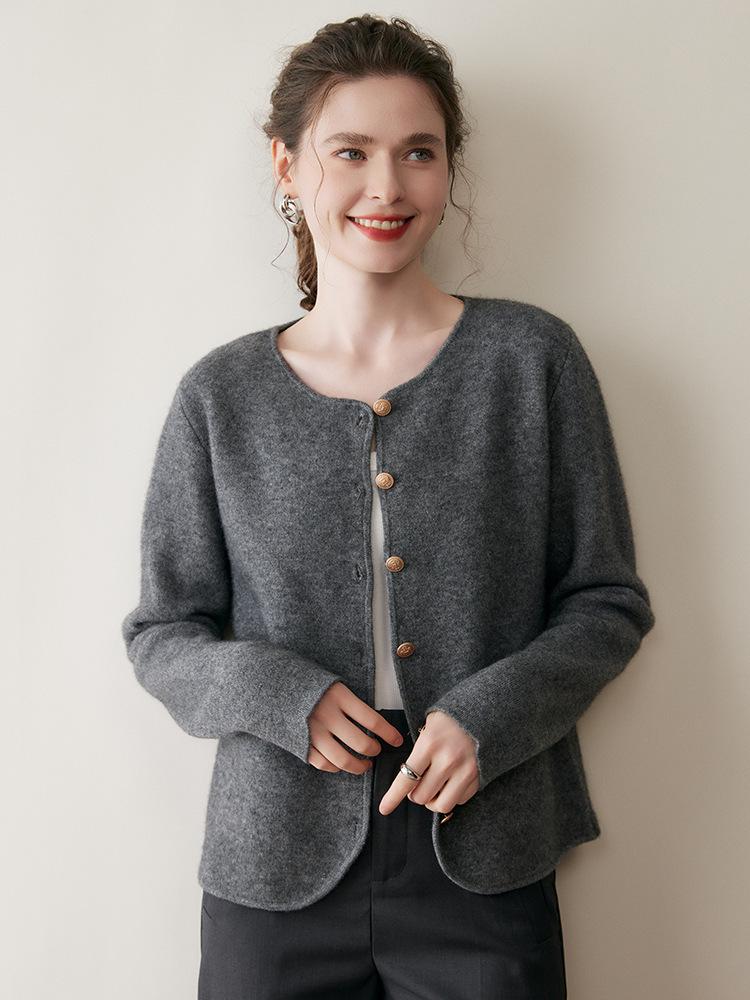Round Neck Cashmere Cardigan for Women - Autumn/Winter Thick Knit Sweater Coat.
