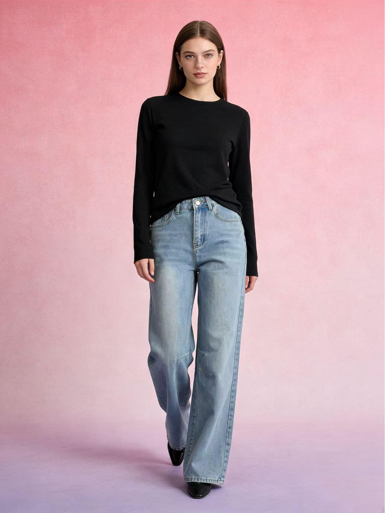 European and American Retro Women s Wide-Leg Mid-Waist Jeans Medium