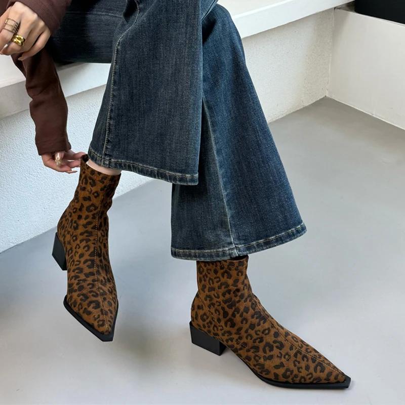 Ghete Moderne de Damă de Designer, Glezniere la Modă cu Vârf Ascuțit, Botine Scurte, Pantofi Casual de Damă cu Toc Gros