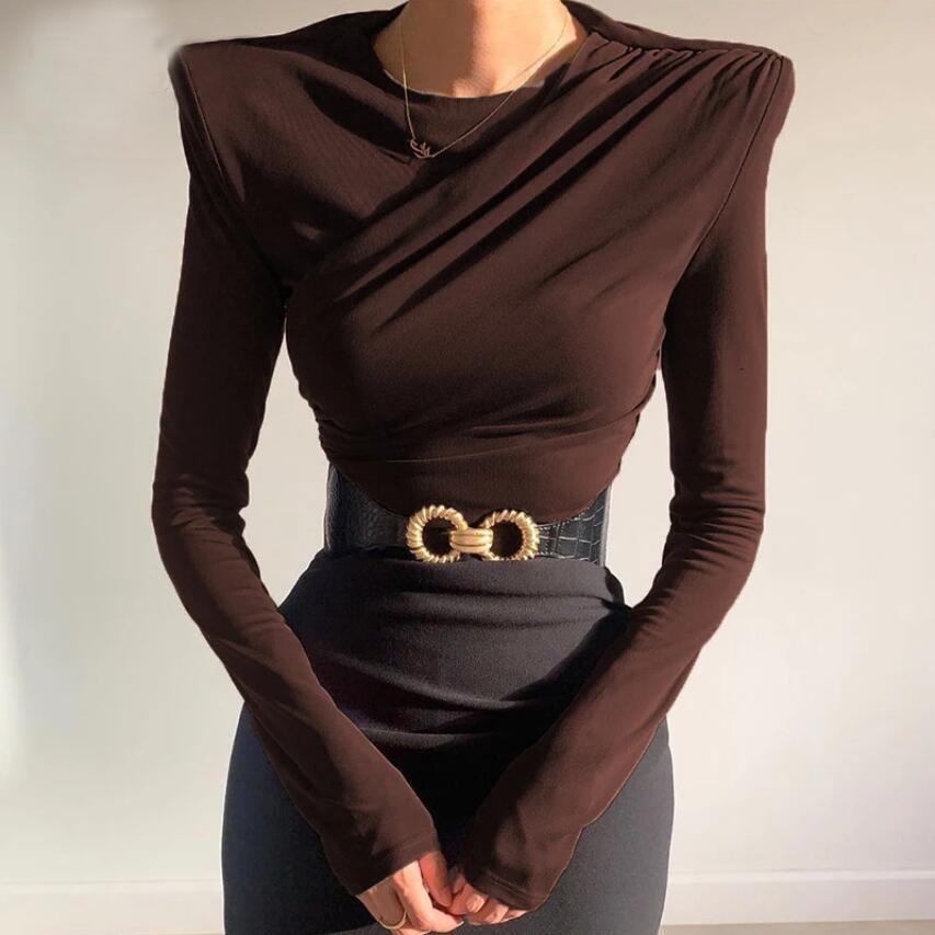 Shoulder Pads T-shirt Women Solid Color 