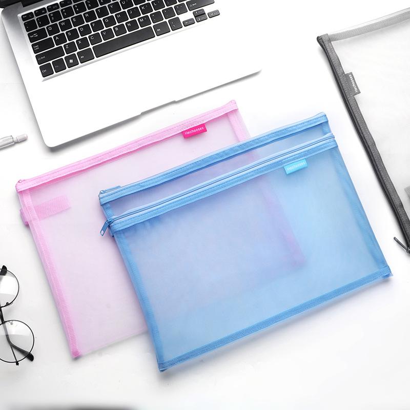 A4 Simple Transparent Mesh Document Bag Information Storage Student Examination Mesh Zipper Bag Stationery File Folders