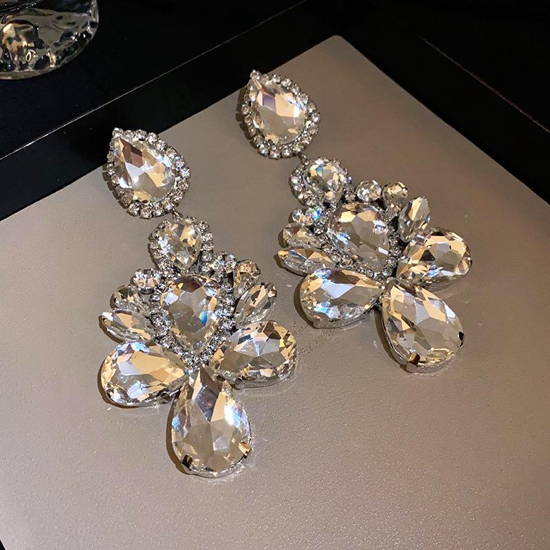 Silver needle water drop diamond fringed earrings light luxury European and American long earrings dress exquisite exaggerated earrings