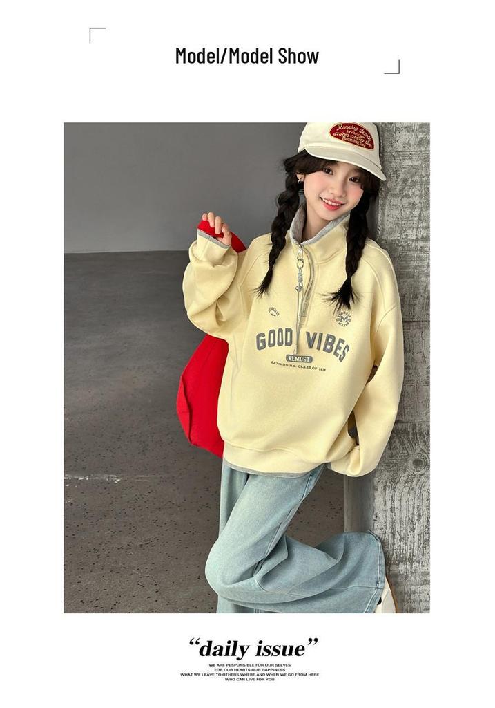 Korean Style Half-Zip Stand Collar Girls' Hoodie - Spring/Autumn Fashion