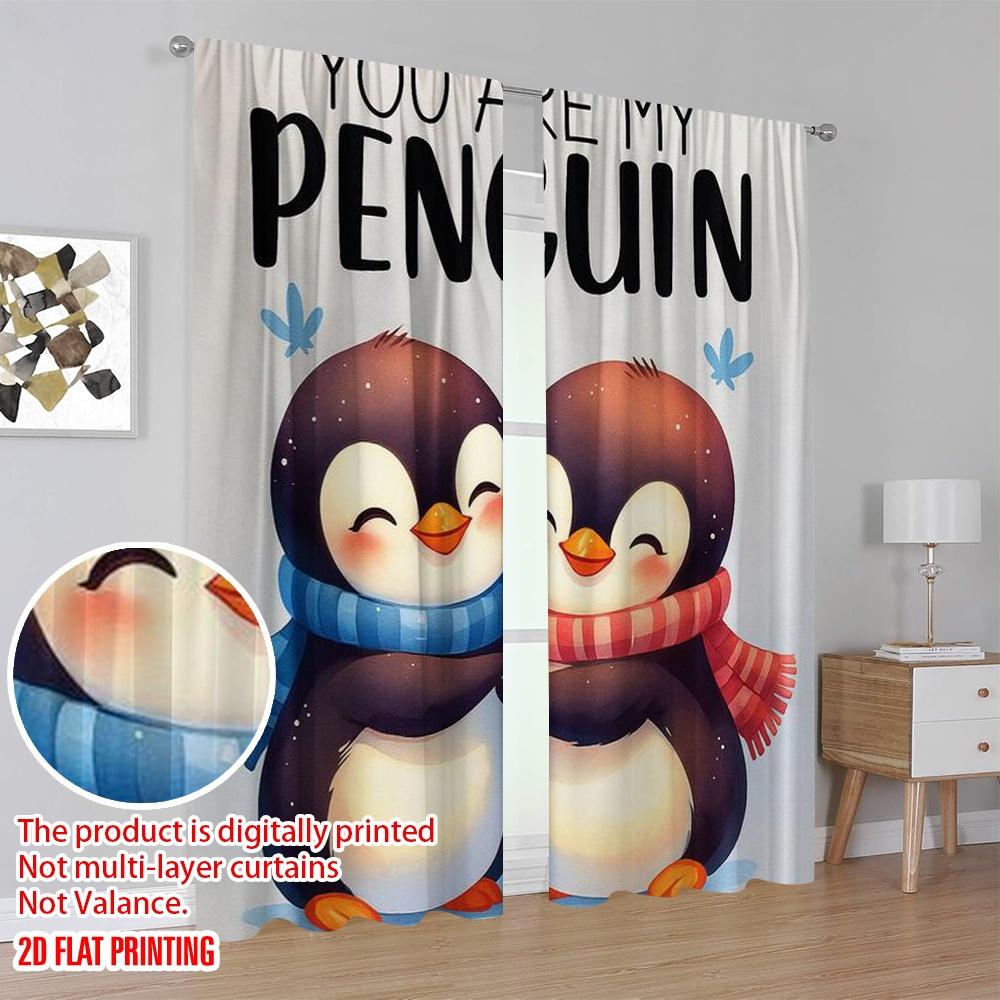 2pcs,2D plane printing Popular Curtains Penguin Love 100% Polyester (without rod) Gifts Use for Living Room, Semi-Sheer