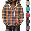 Women's Long Sleeve Drawstring Hoodie with Striped Plaid Print Pullover Sweatshirt