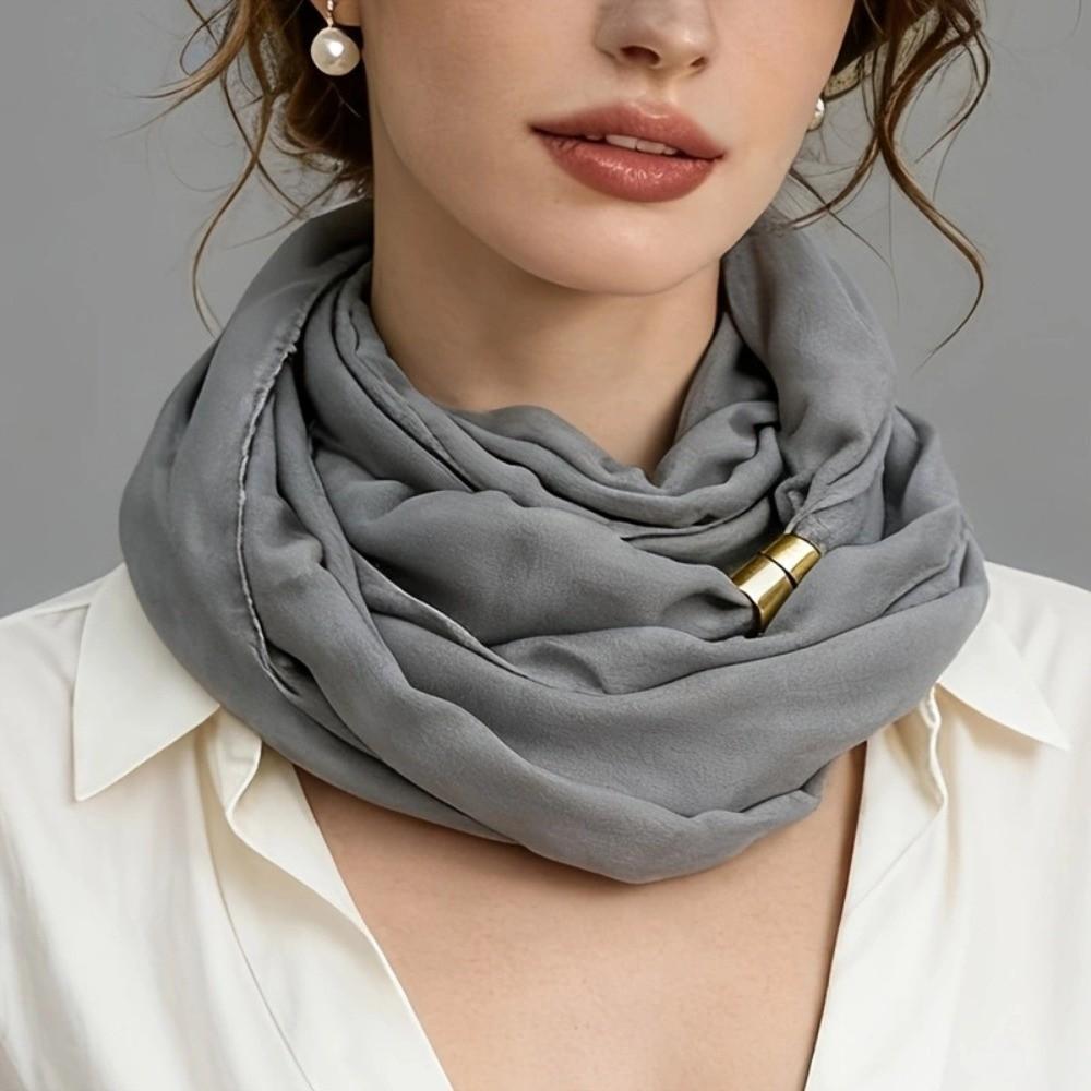 French Style Magnetic Buckle Scarf Magnet Clasp Silk Scarf Elegant Neck Scarf Autumn