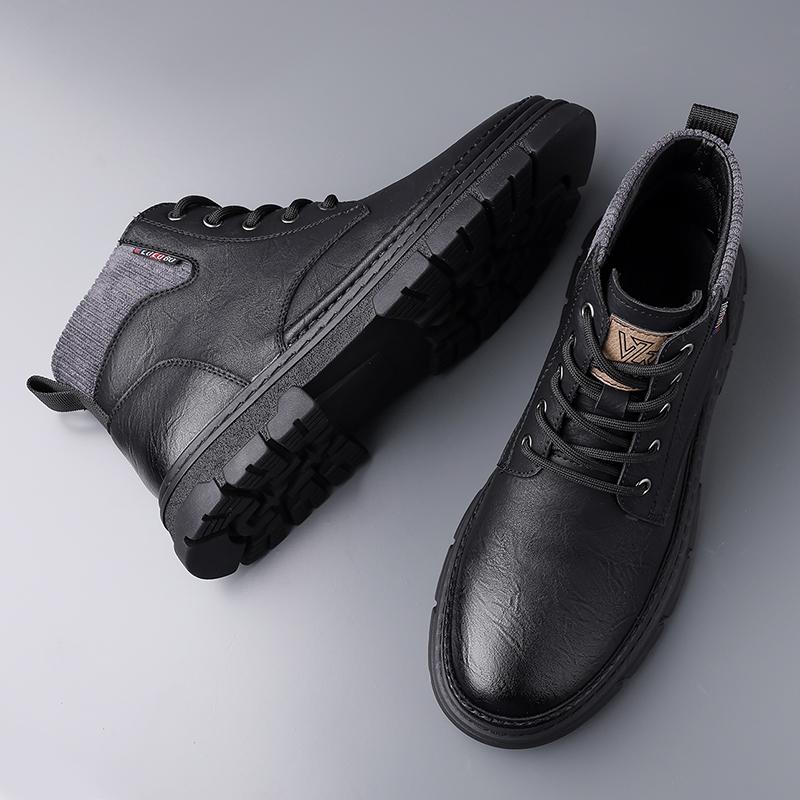 Fashion 2025 Winter Men's Leather Boots Fashion Thick Bottom Warm Fur Casual Ankle Short Shoes Lace-up Non-Slip Motorcycle Boots