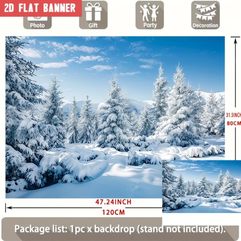 2D Flat Party Backdrop Banner - Snow Theme with Snow-Covered Pine Trees & Blue Sky, Polyester Photo Background for Wedding, Birthday & Family Party