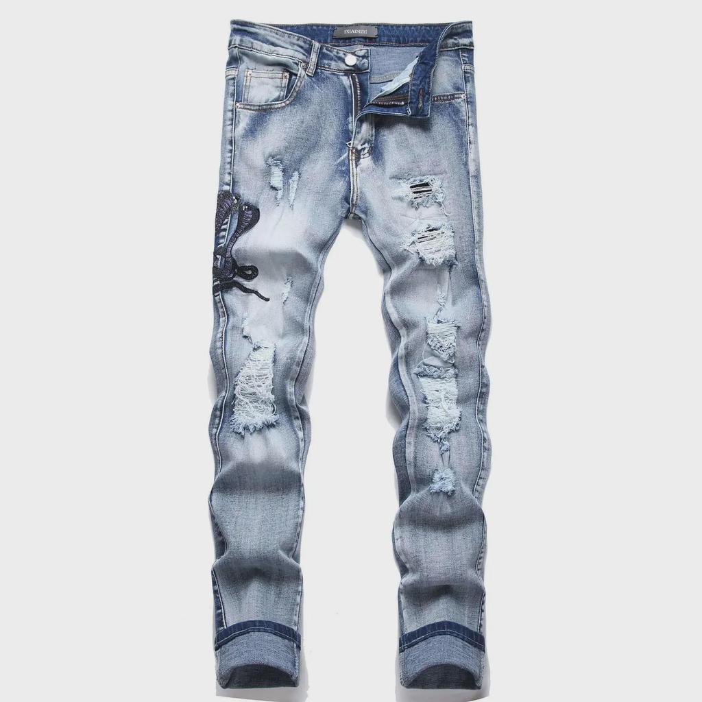 European Street Style Blue Cobra Embroidery Slim-Fit Men's Jeans