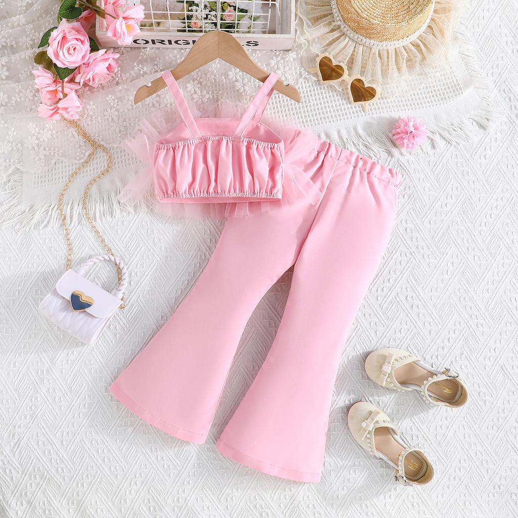 Girls' Fashion Set: Summer Children's Solid-Color Tank Top with Tulle + Flared Pants Set