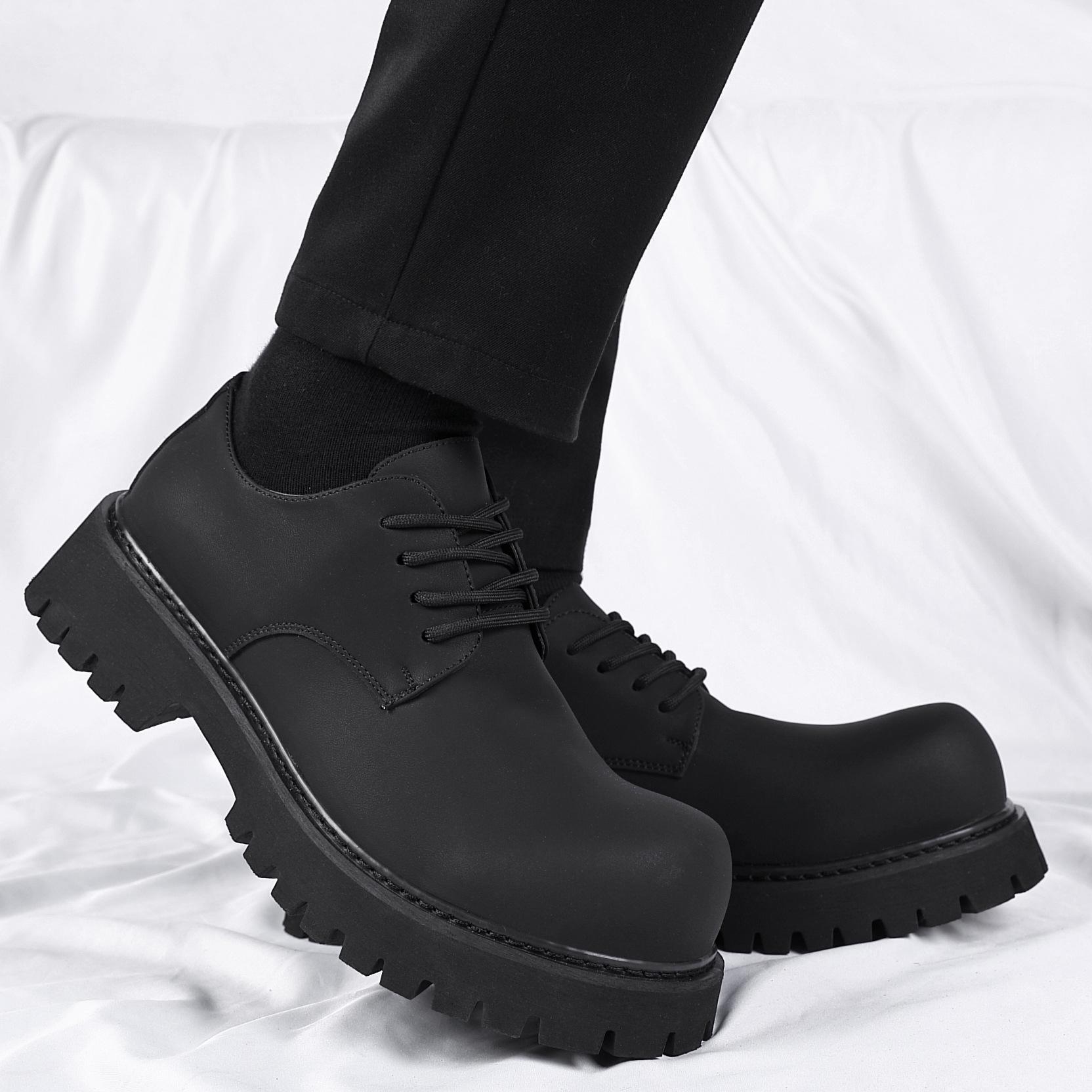 

Round head leather shoes men s summer casual heightening retro big head derby shoes yellow platform Martin boots men s low top 44