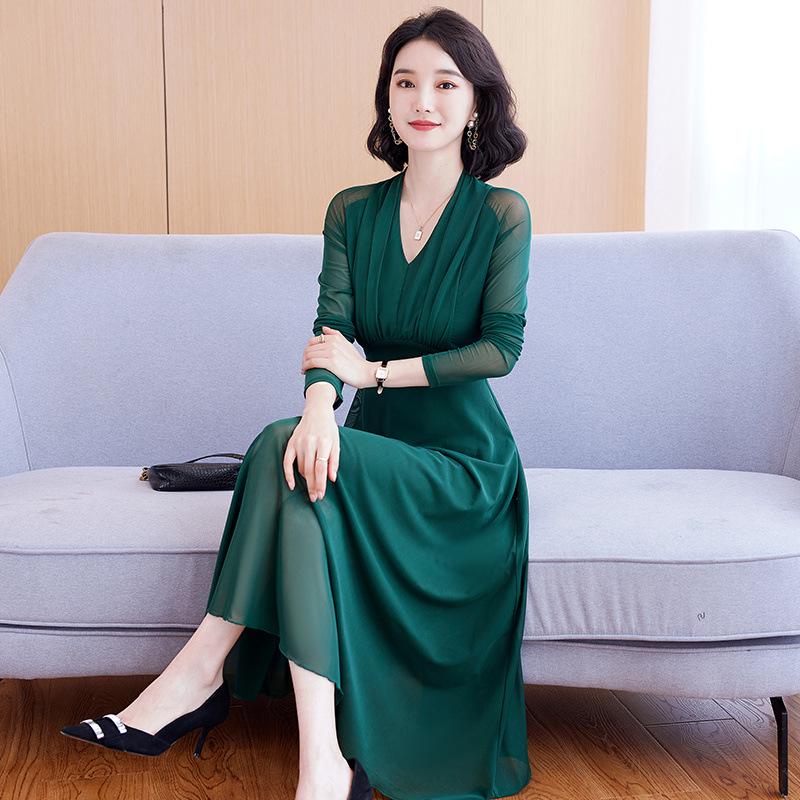 Elegant V-Neck Long Sleeve Mesh Dress for Women - Plus Size, Slimming Waist, Belly-covering, Stylish 2025 Spring/Autumn Fashion
