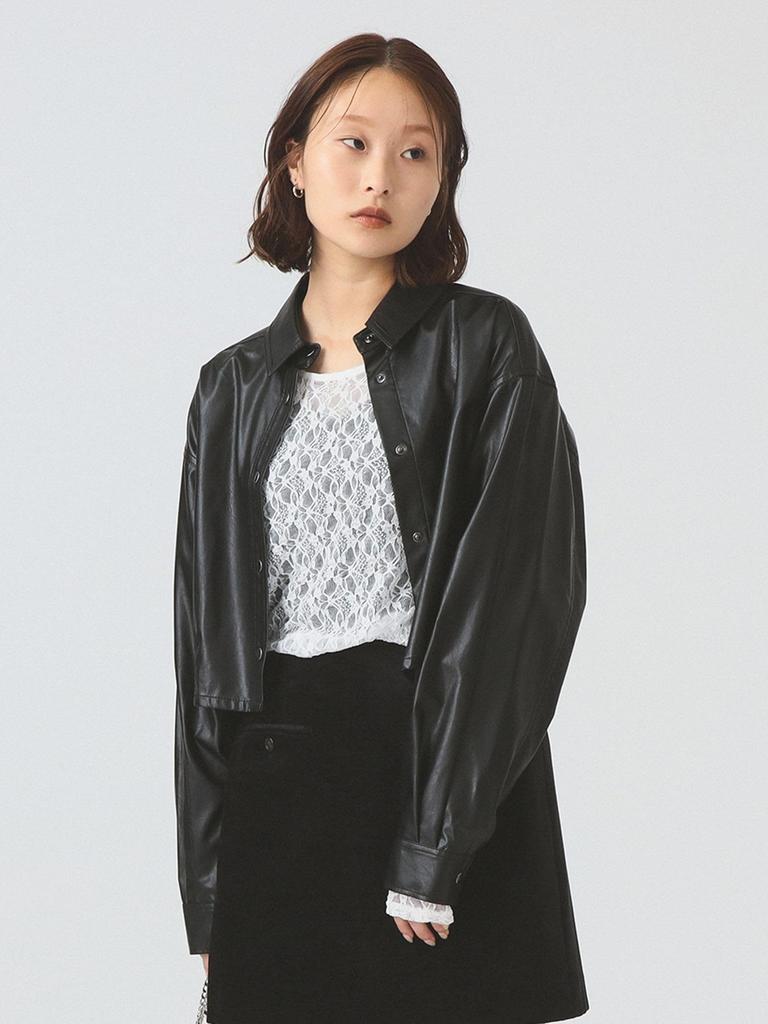 Ray Beams Damen Kunstleder Cropped Hemd, Schwarz, Einheitsgröße, L/S Hemd/Bluse