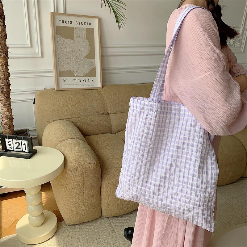 Summer new fairy bag yellow bubble plaid shoulder bag Japanese small fresh student cloth bag thin