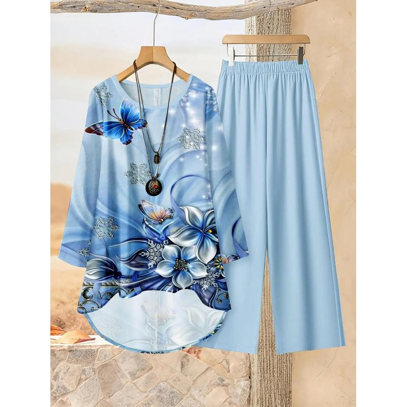 1116 Floral Print Suit Women's Long Sleeve Irregular Hoop Wide Leg Pants Casual Summer Large Size