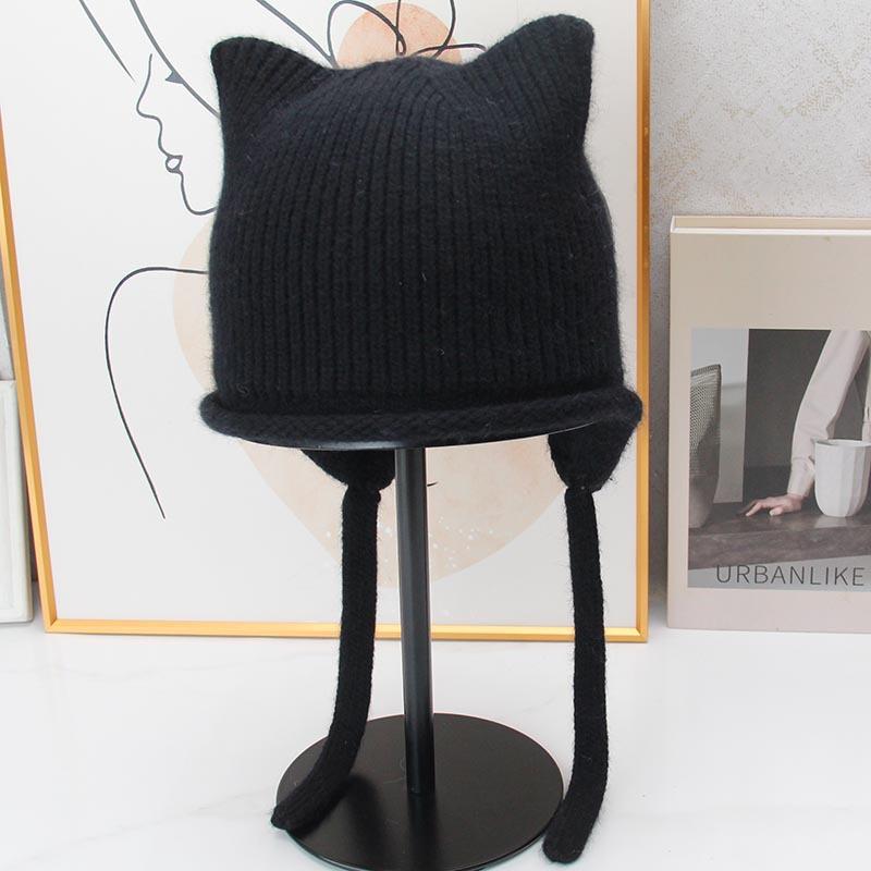 Cute cat ear knitted ear hat, women's autumn and winter warm wool hat, lace-up cold hat, cold-proof pullover hat