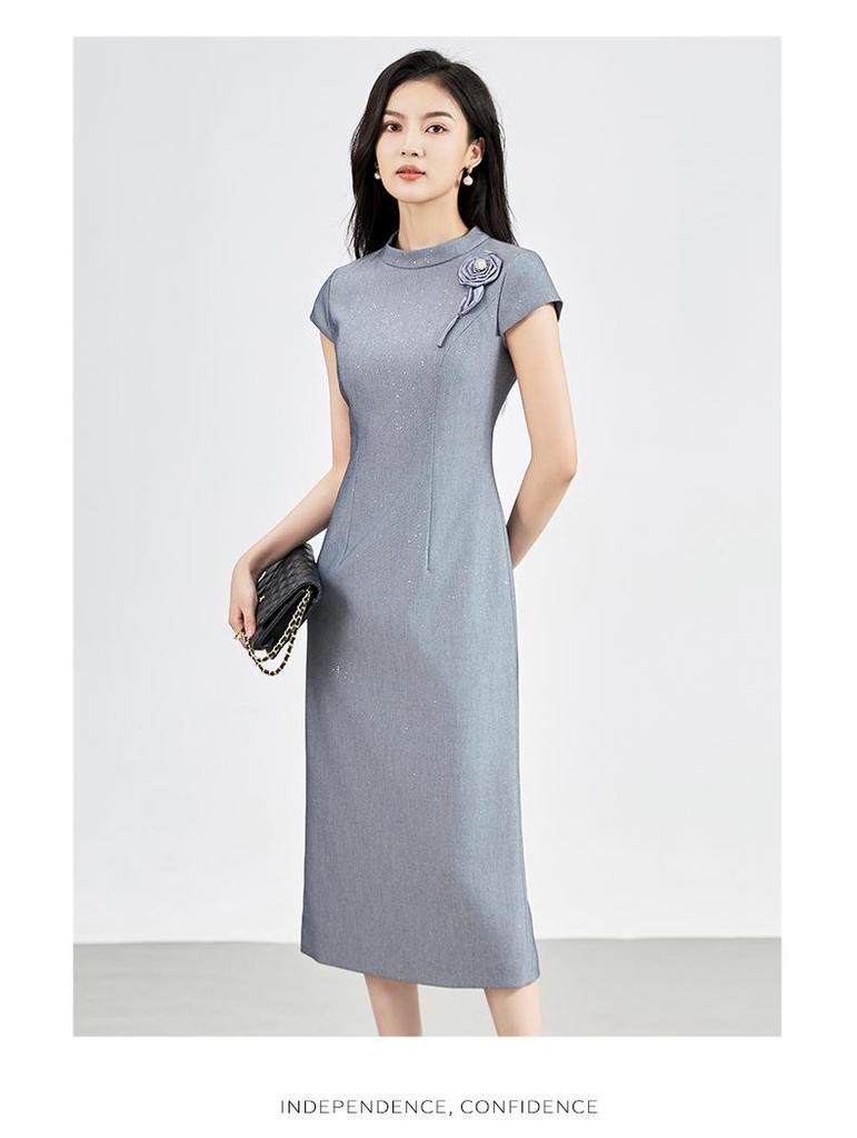 Elegant Floral Embossed Round Neck Jacket & Dress Set