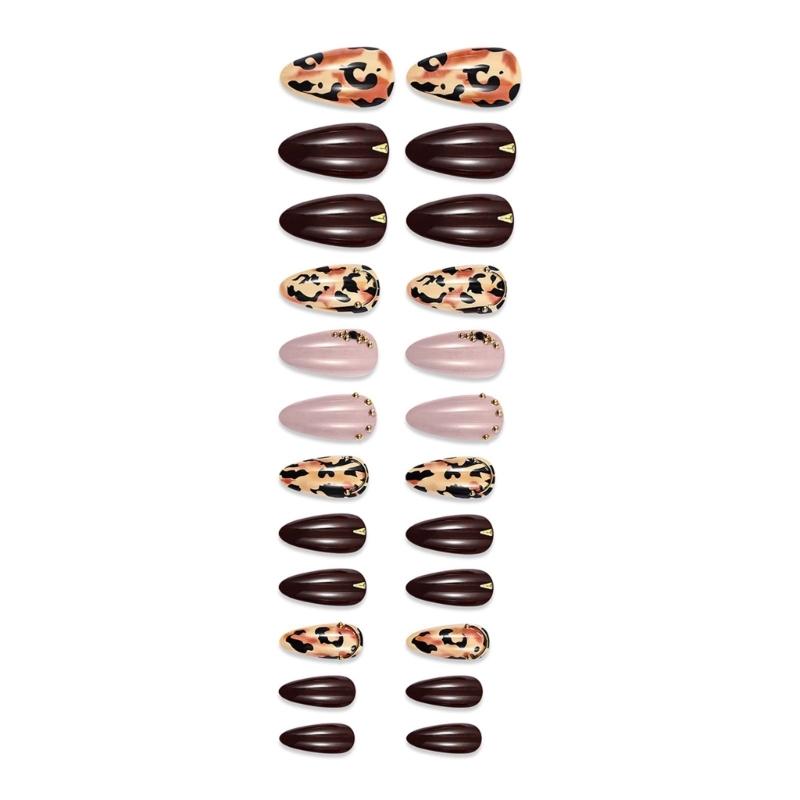 24Pcs Leopard Print Press On Nail Short Almond False Nail Glossy Artificial Nail Full Cover Stick Onsfor Women and Girls
