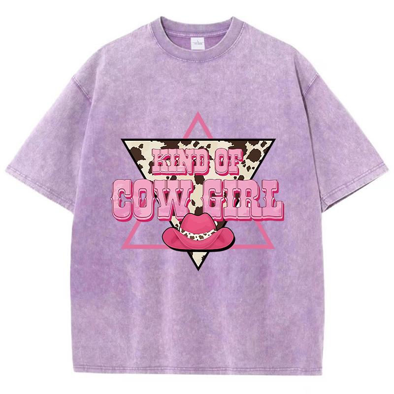 Kind Of Cow Girl Cotton Washed T-Shirt Womens Pink Hat Printing T Shirts O-Neck Oversized Acid Wash Tops Summer Woman