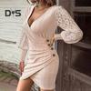 Women Dress Hollow Out Lace Sleeves Sheath Slim Fit Irregular Deep V Neck Hem Solid Color OL Style Formal Party Banquet Mini Dress Fall Spring Short