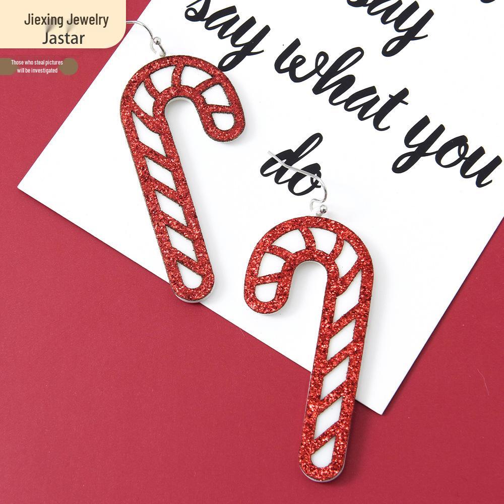 Red Acrylic Candy Cane Earrings - Simple Geometric Christmas Decorations for Women