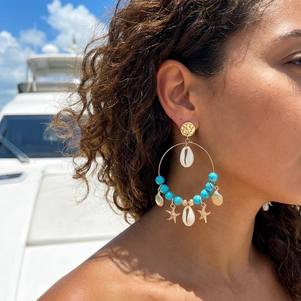 Bohemian Shell Starfish Turquoise Bead Large Hoop Earrings for Women Metal Conch Seashell Circle Dangle Earring Vacation Zircon