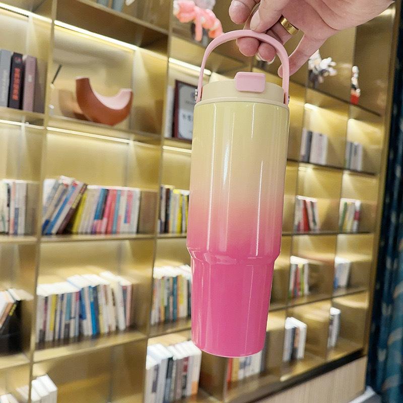 

High value 30oz gradual change portable stainless steel thermos cup large capacity straw cup portable car accompanying coffee cup 30OZ