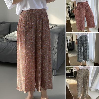 Women Slacks Elastic High Waist Wide Leg Trousers Floral Printed Draped Pleated Long Pants Home Lounge Trousers