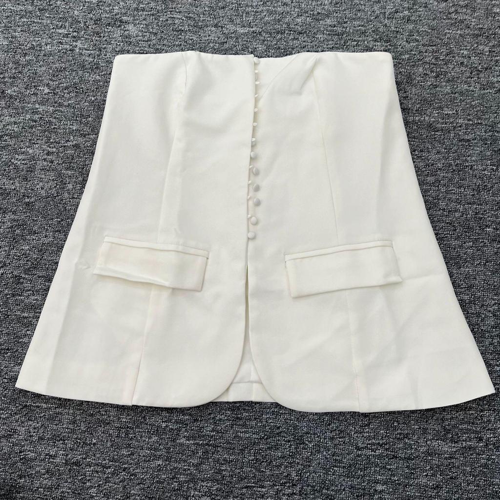 2024 Women's Slim Fit Waist-Cinching Strapless Vest Suit with Simple Row Buttons for Autumn/Winter