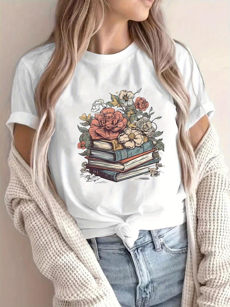 Vintage Book with Flower Yk Cotton Womens Retro Floral Print TShirt Soft Crew Neck Short Sleeve Top Vintage Shirt