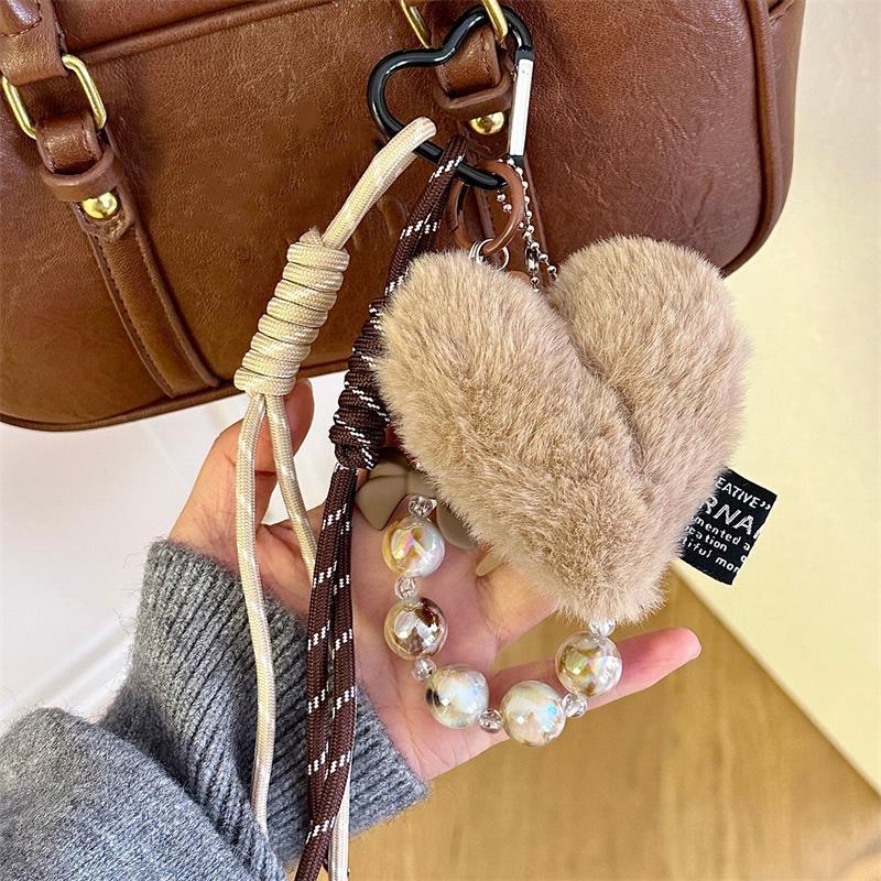 Maillard Style Y2K Cute Leather Heart Charm Braided Rope Bow Beaded Phone Chain Keychain Pendant Girly Bag Hanging Ornament Gift