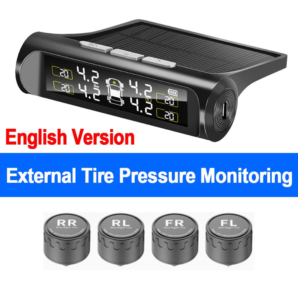 TPMS Tyre Pressure Monitoring System Solar Power LCD Display with 4 Internal/External Sensor Waterproof Temperature Warning External Sensor Set