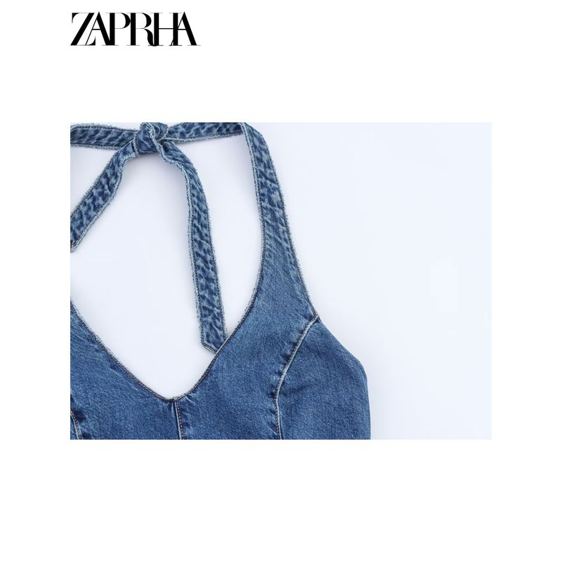 Zaprha 2025 New Arrival Hanging Collar Denim Open Back Jumpsuit Women's Waist-Tight Slimming and Wide Leg Shorts 4356084