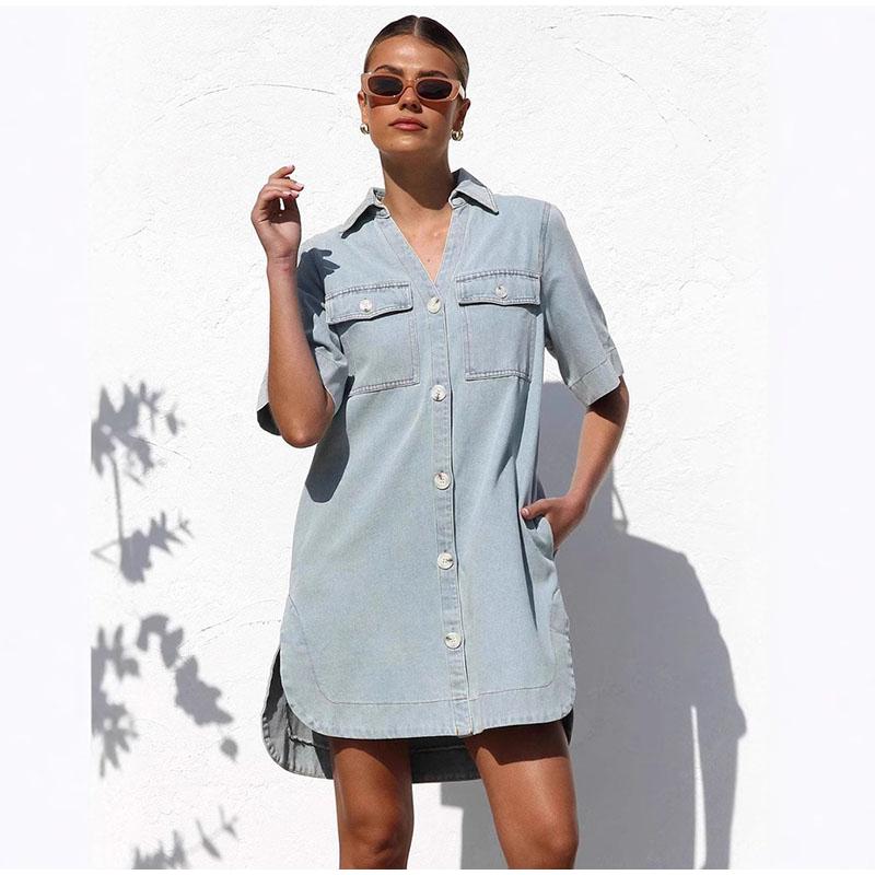 Spring Summer Denim Shirt Dress 2025 Women's Casual Loose Single Breasted Dress Simple Retro Commuter Female Office Denim Short Dresses