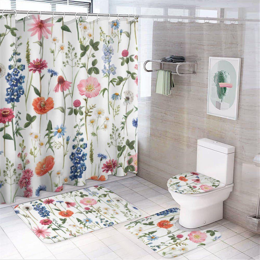 Flower Watercolor Field Flower Shower Curtain With 4 Pieces Absorbent Bathroom Mat Bathroom Curtain With Soft Bath Wheel U-Shaped Mat