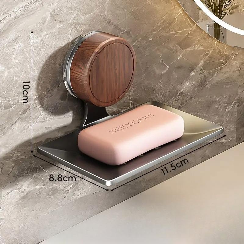 Nordic Style No Need To Drill Holes Wall-mounted Walnut Wood Soap Dish Suction Cup Soap Box  Bathroom Toilet Draining Soap Rack серый