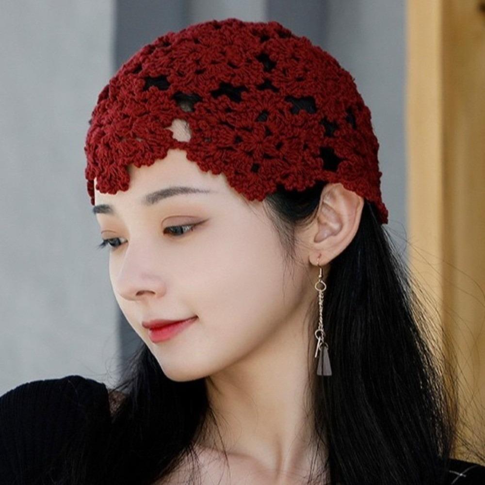Handmade Knit Skullies Caps Solid Color Beanies Cap Ethnic Style Crochet Flower Hat Ladies