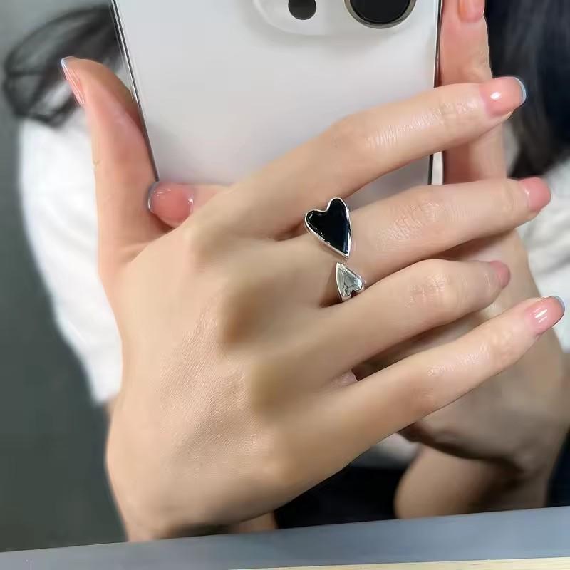 Sam Panda 925 Silver Unique Ring For Women Jewelry Finger Adjustable Vintage Black Heart Ring For Party Birthday Gift