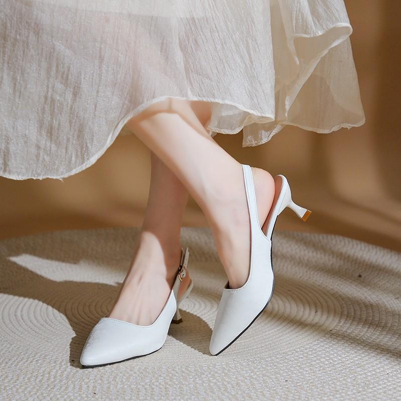 Fashion Slingback Sandals Women Summer Casual Fashion Point Toe Leather Shoes For Women Low Heels Comfort Mules Party Shoes Ladies