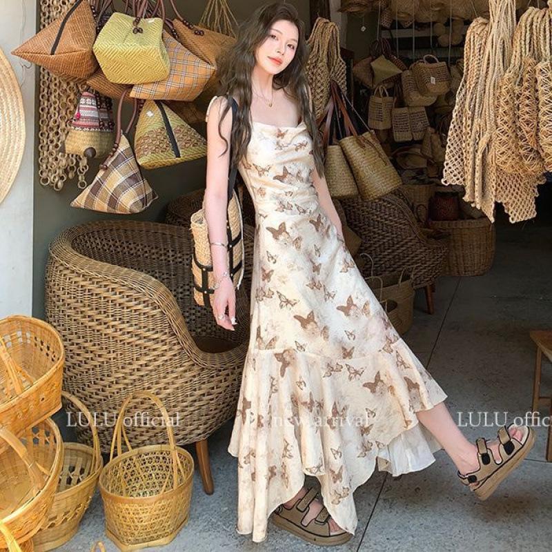 Niche Irregular Floral Print Waist-Cinching Elegant Suspender Dress for Spring & Summer
