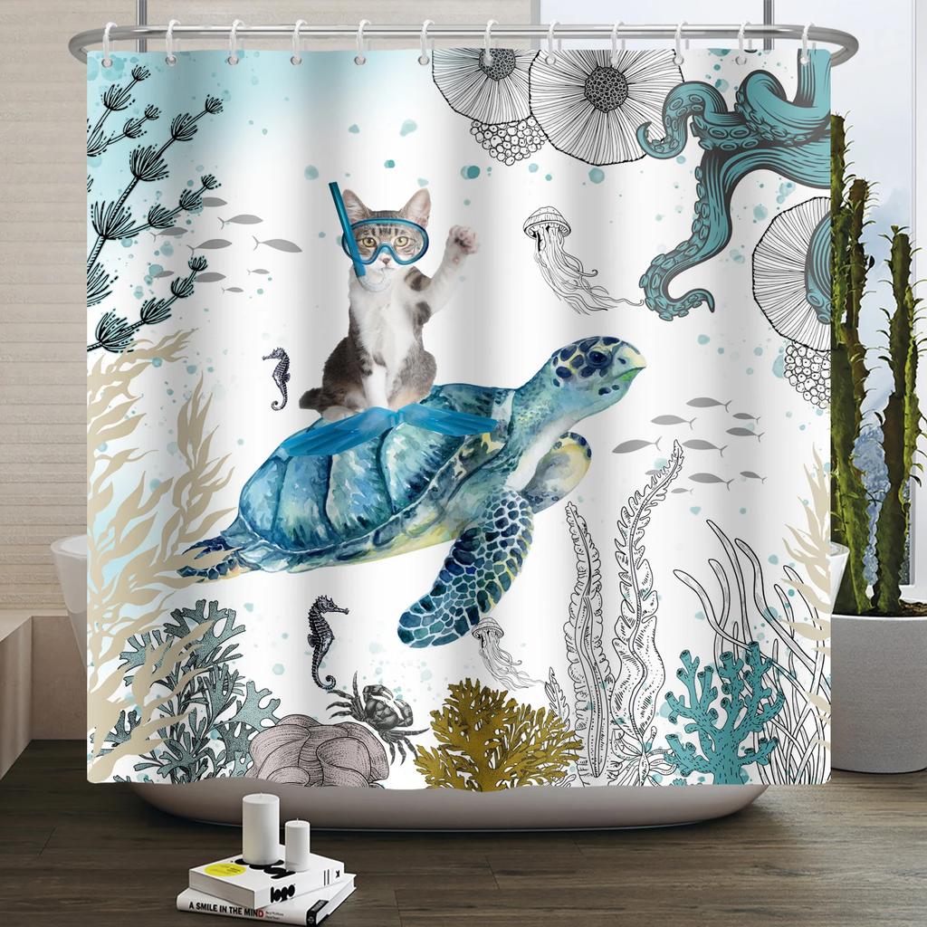 Sea Turtle Shower Curtain Ocean Animals Jellyfish Seahorse Starfish Nautical Underwater Marine Life Waterproof Bathroom Curtain