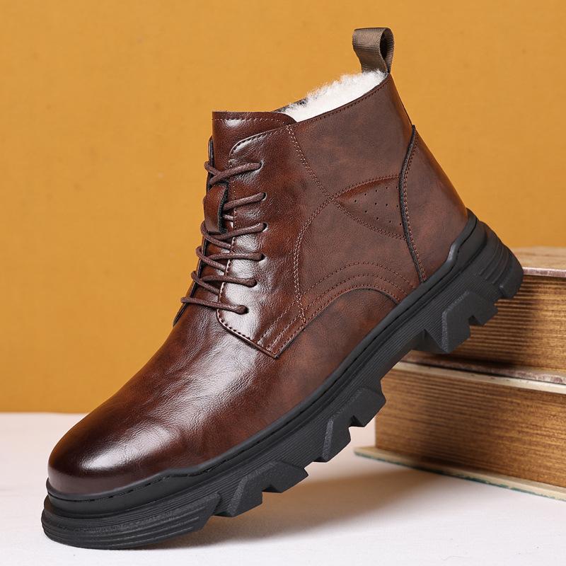 2024 Winter New Men's High Top Cotton Shoes Men's Business Casual Leather Shoes Fleece Warm Cotton Boots Snow Boots 9722