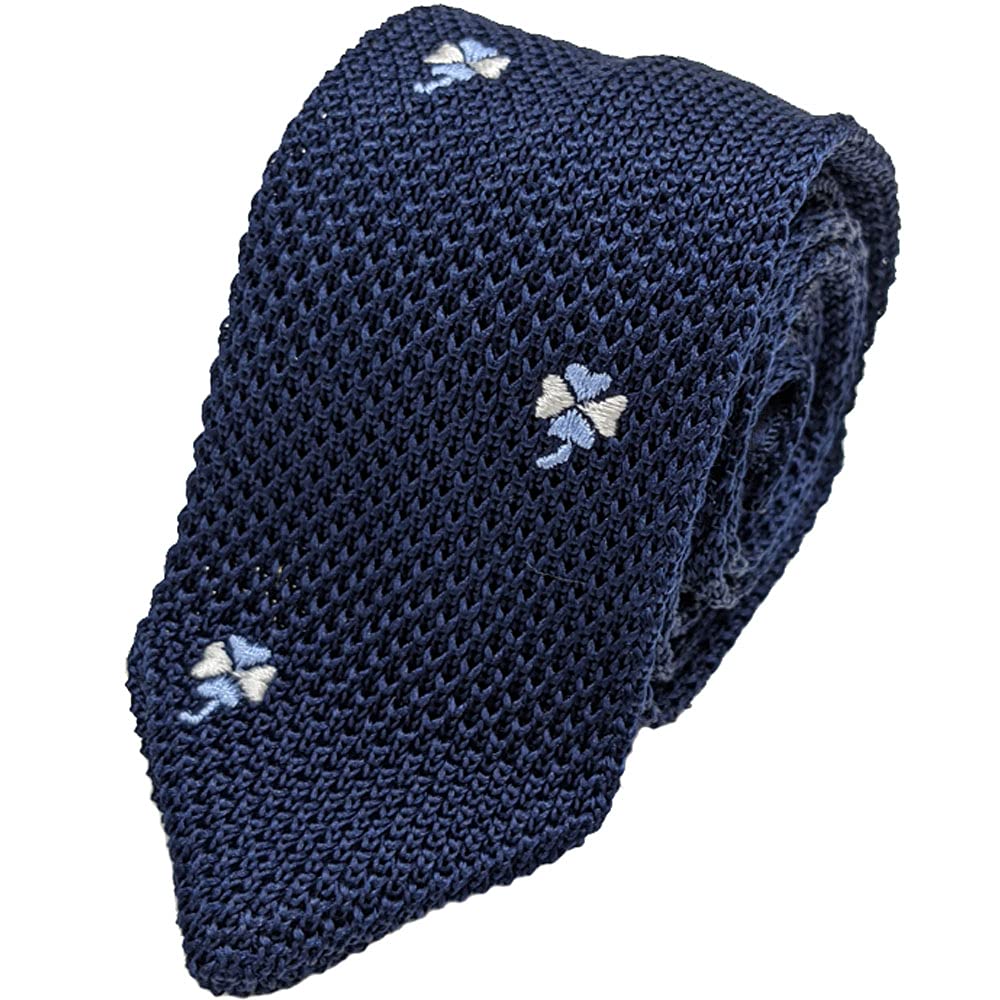Lucky Motif Silk Knit Tie - Four-Leaf Clover Star Peak End - Narrow Width - Stylish Narrow (Four-Leaf Clover NV)