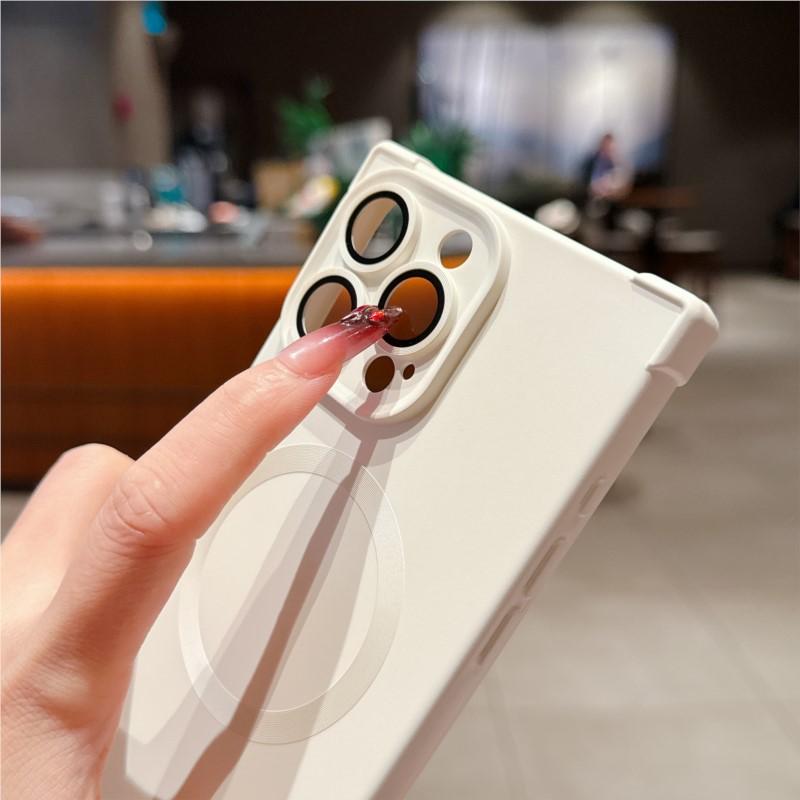 Matte Soft Silicone Square Shockproof Case for iPhone 16 15 14 Plus 13 Pro Max Magnetic Wireless Charge Lanyard Rope Strap Cover
