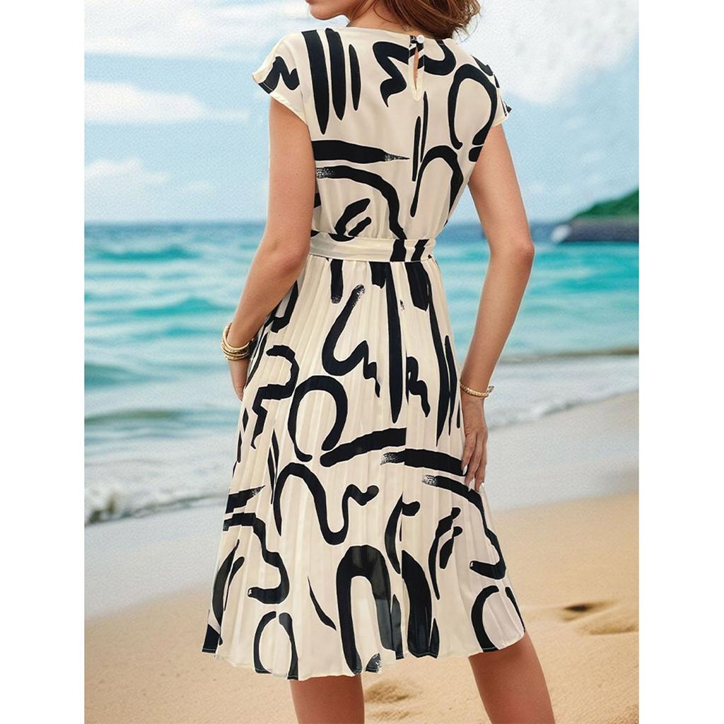 Women's Casual Loose Print Pleated Waistband Dress Print Pleated Waistband Dress