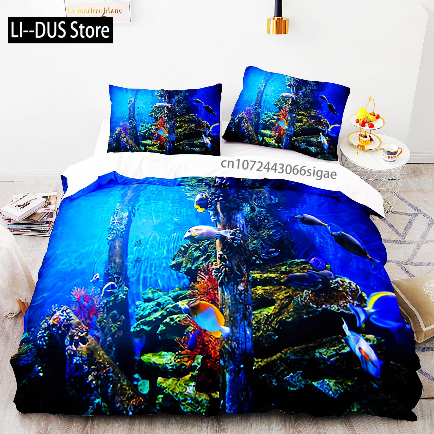 

Comforter Blue Sea World Bedding Sets 3D Print Sea Animal Dolphins Sharks And Cartoon Quilt Queen Kids Adult Bedclothes Comforter (quilt)-EU Single(135*200cm)3pcs