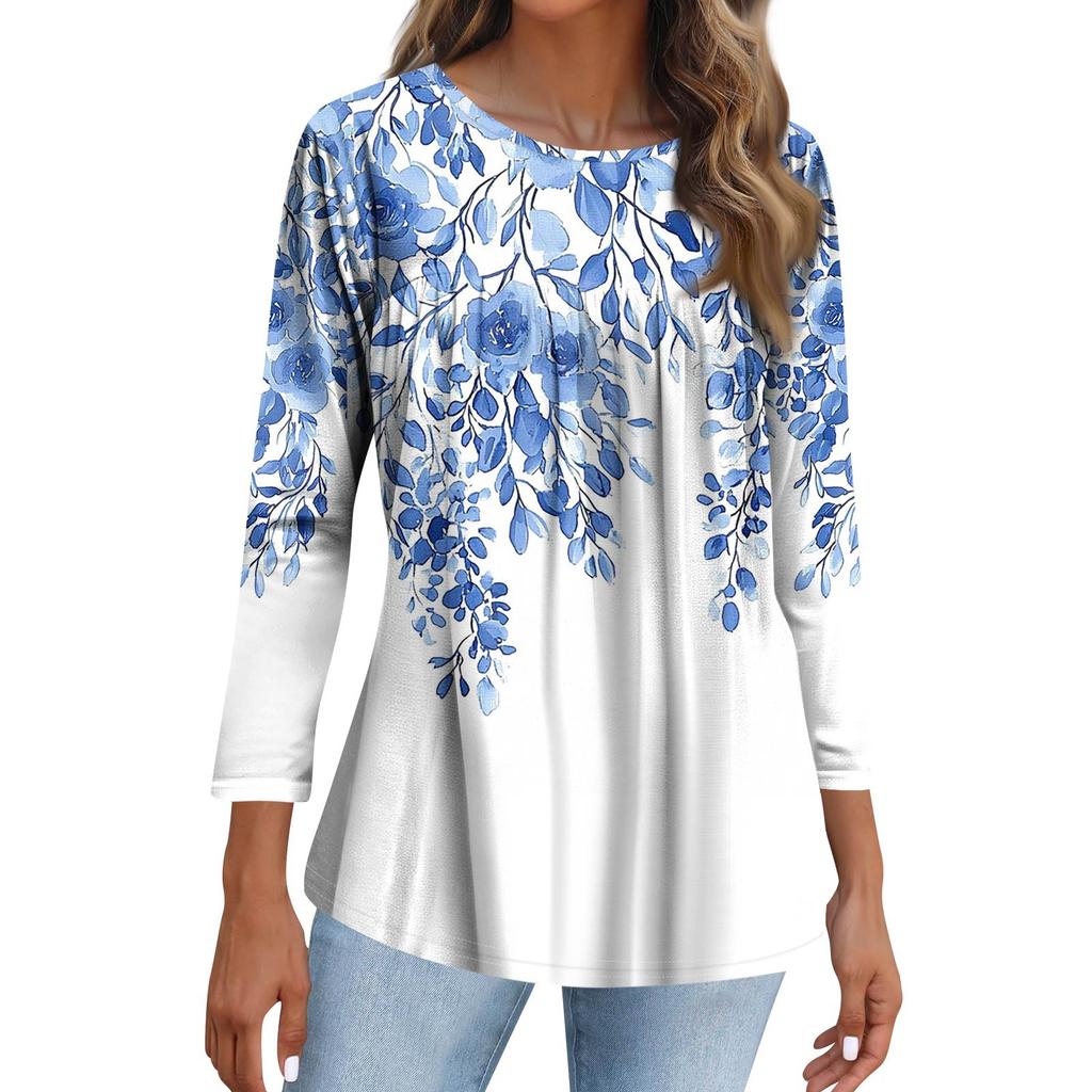 Women's Fashion Casual Three-quarter Sleeve Printed Round Neck Top